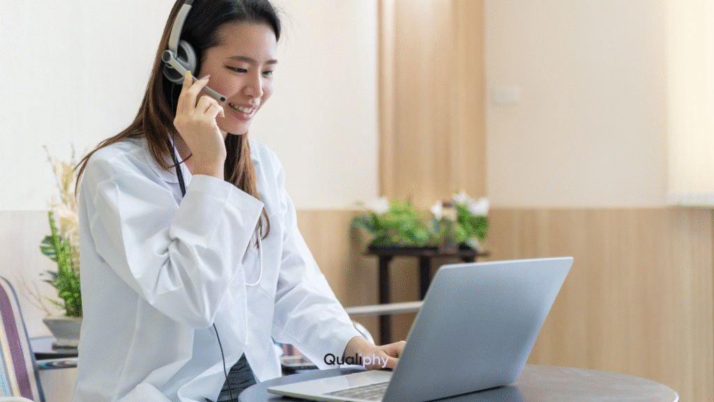 Licensed provider conducting a Good Faith Exam via telemedicine for a med spa consultation.