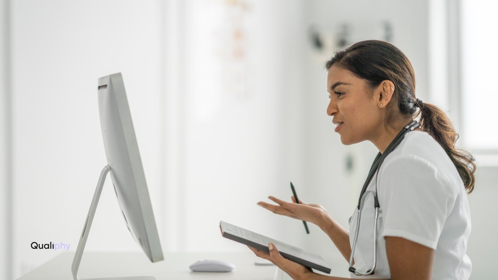 Medical provider conducting a synchronous Good Faith Exam via video call, ensuring compliant patient care for a med spa setting.