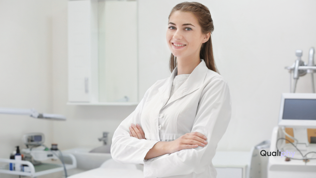 Medical professional standing in a modern treatment room, representing compliance with new California Laws for med spas and MSOs in 2026.