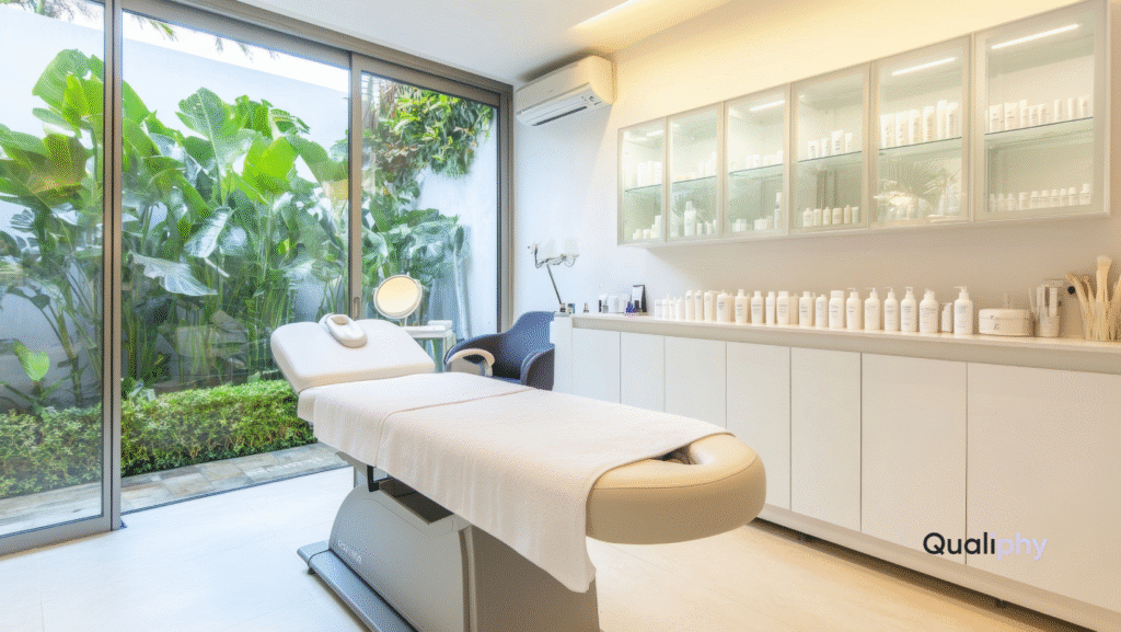A modern, bright medical spa treatment room in Texas with a clean exam table, aesthetic equipment, and professional skincare supplies, representing a compliant environment for meeting Good Faith Exam requirements in Texas.