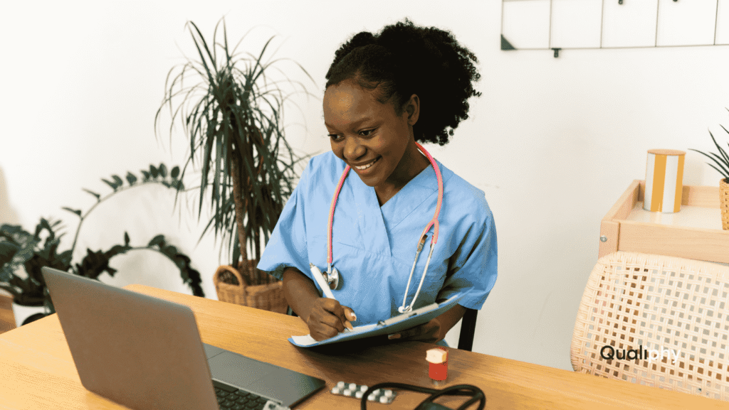 A nurse conducting an on-demand telemedicine consultation on her laptop, illustrating the speed and convenience of accessing virtual medical care with minimal wait times.