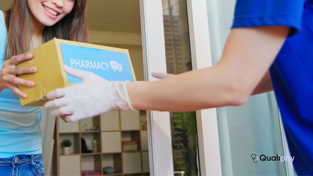 Rx fulfillment with home delivery, showing a prescription package being delivered directly to a patient’s door
