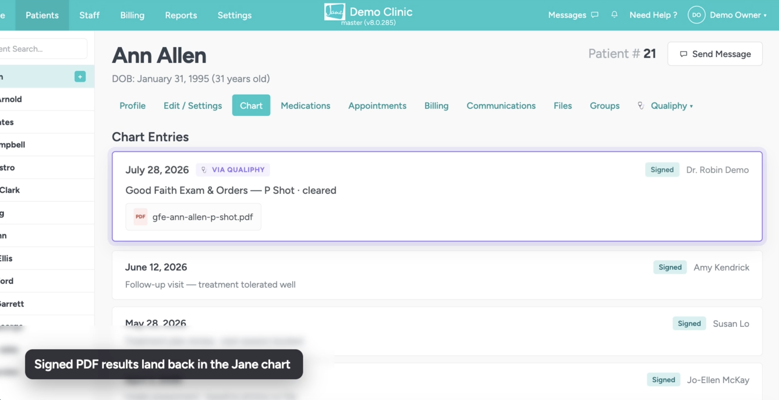 Signed Good Faith Exam PDF filed to the patient chart in Jane