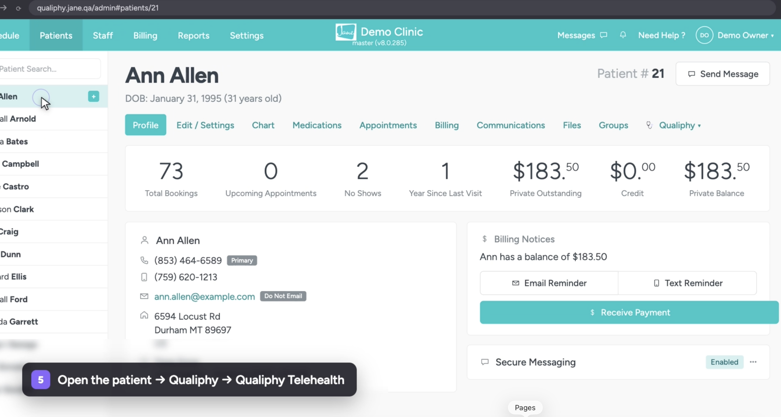 Selecting a patient profile in Jane with the Qualiphy tab open